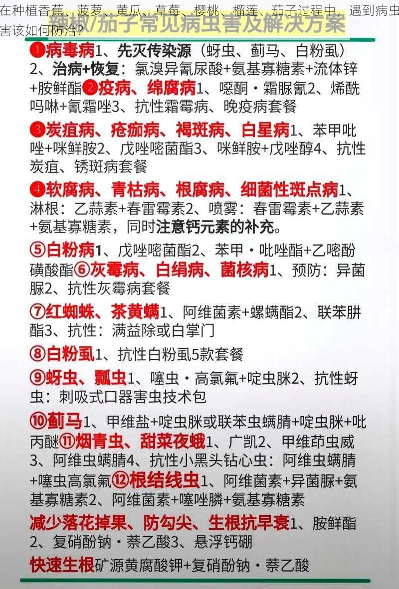 在种植香蕉、菠萝、黄瓜、草莓、樱桃、榴莲、茄子过程中，遇到病虫害该如何防治？